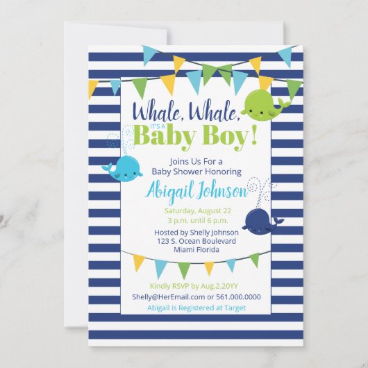 Schattige Navy Blue Whale Baby shower Het is een j Kaart (Voorkant)