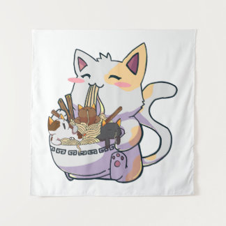 Schattige Neko Kat Met Ramen Noedels Kom Anime Jap Wandkleed