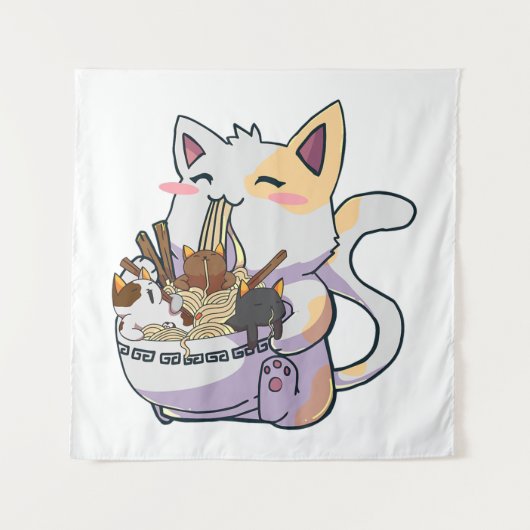 Schattige Neko Kat Met Ramen Noedels Kom Anime Jap Wandkleed (Voorkant)