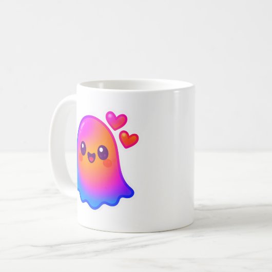 Schattige Neon Kawaii Ghost met Gradient Glow en Koffiemok (Voorkant links)