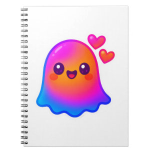 Schattige Neon Kawaii Ghost met Gradient Glow en Notitieboek
