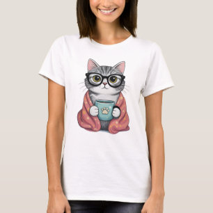 Schattige Nerdy Kat Drinkt Koffie T-shirt