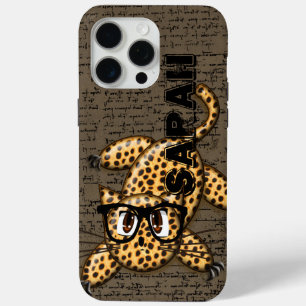 Schattige Nerdy Leopard Kat Dragen Bril iPhone 15 Pro Max Hoesje