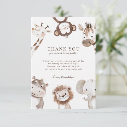 Schattige Neutral Safari Oerwoud 1e verjaardag Bedankkaart (Staand voorkant)