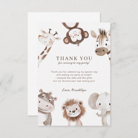 Schattige Neutral Safari Oerwoud 1e verjaardag Bedankkaart (Voorkant / Achterkant)