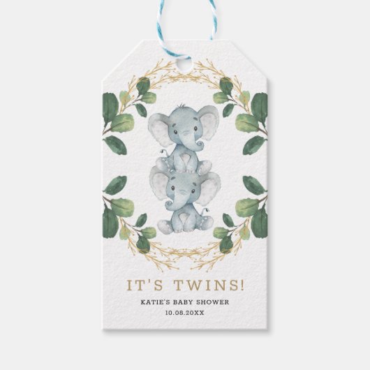 Schattige Neutral Twins Elephant Greenery Baby sho Cadeaulabel (Voorkant)