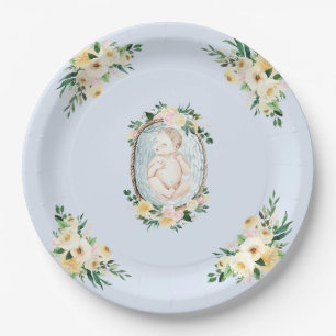 Schattige Newborn Blue Floral Baby Boy Shower Papieren Bordje