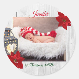 Schattige Niet zo Stille Nacht Baby 1e Kerstfoto Ronde Sticker