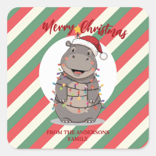 Schattige nijlpaard Kerstboom dierentuin safari Ke Vierkante Sticker