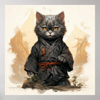 Schattige Ninja Cat Happy Japanese Art Poster