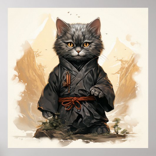 Schattige Ninja Cat Happy Japanese Art Poster (Voorkant)