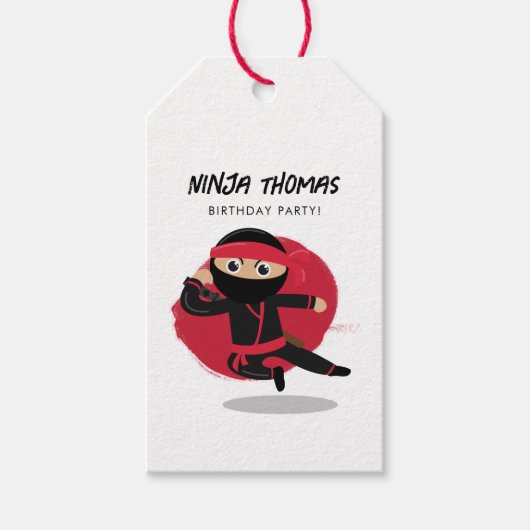 Schattige Ninja Warrior Zwart & Rode Kinderverjaar Cadeaulabel (Voorkant)