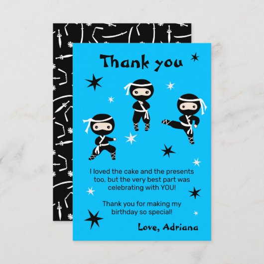 Schattige Ninjakinderen krijger meisje blauwe verj Bedankkaart (Voorkant / Achterkant)