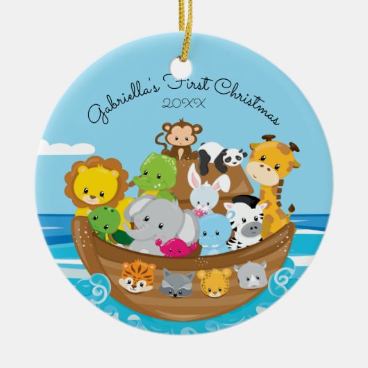Schattige Noach's Ark Baby's 1e Kerst Ornament (Voorkant)