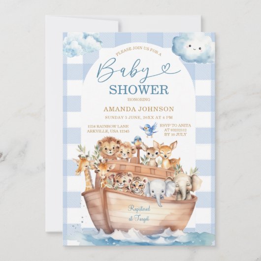 Schattige Noah's Ark Blue Gingham Boho Baby shower Kaart (Voorkant)