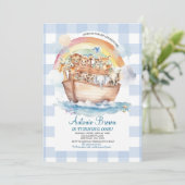 Schattige Noah's Ark Blue Gingham eerste verjaarda Kaart (Staand voorkant)