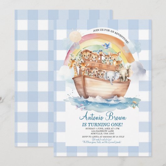 Schattige Noah's Ark Blue Gingham eerste verjaarda Kaart (Voorkant / Achterkant)