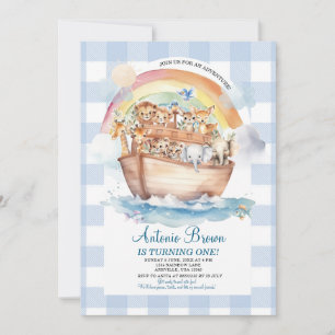 Schattige Noah's Ark Blue Gingham eerste verjaarda Kaart