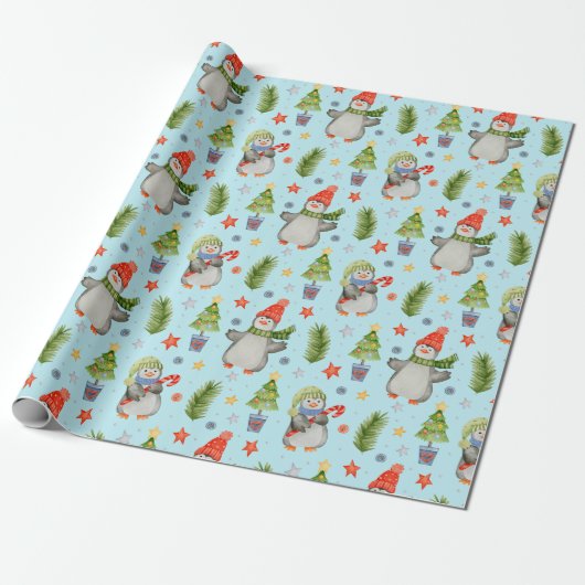 Schattige Noordpool Kerst Pinguïns Cadeaupapier (Uitgerold)