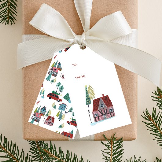 Schattige Noords skidorp kerstfeest Cadeaulabel