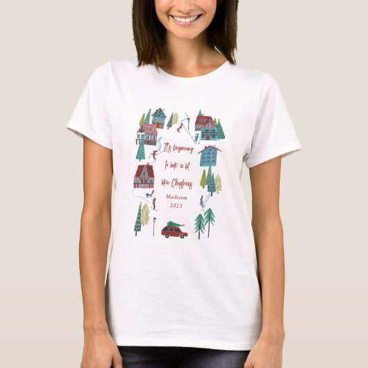 Schattige Noords skidorp kerstfeest T-shirt (Voorkant)
