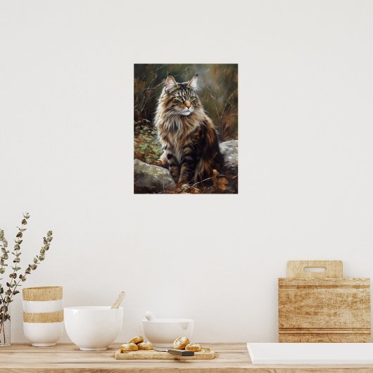 Schattige Noors Bos Kat Kunst Print Poster (Keuken)
