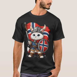 Schattige Noorse Kat Viking Krijger Noorwegen Vlag T-shirt