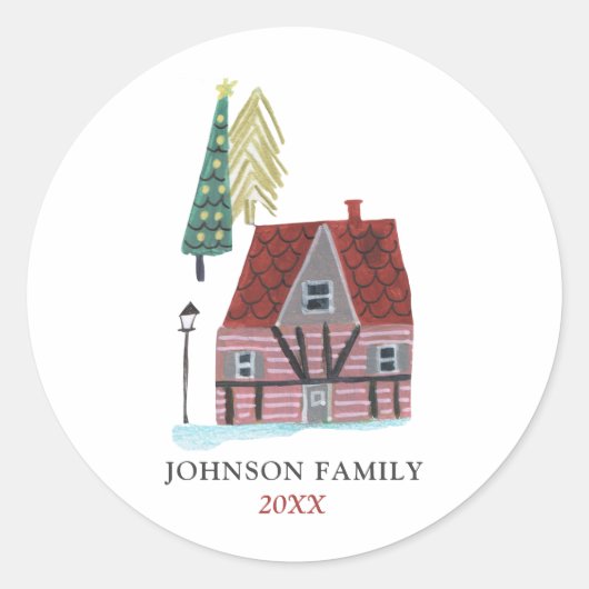 Schattige Nordic House Village Kerst Ronde Sticker (Voorkant)