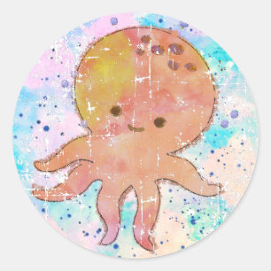 Schattige Octopus Cartoon Vintage Waterverf in Dis Ronde Sticker