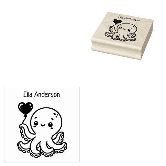 Schattige Octopus met Hartballon Rubberstempel (Gestempeld)