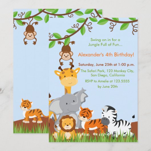 Schattige Oerwoud Animals Boy Verjaardagsfeestuitn Kaart (Voorkant / Achterkant)