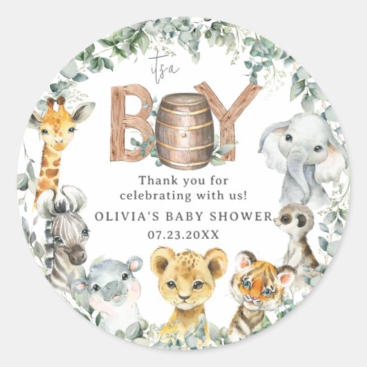 Schattige Oerwoud Animals Greenery Boy Baby shower Ronde Sticker (Voorkant)