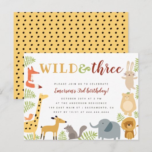 Schattige Oerwoud Animals & Leaves Wild & Three Bi Uitnodiging Briefkaart (Voorkant / Achterkant)