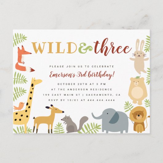 Schattige Oerwoud Animals & Leaves Wild & Three Bi Uitnodiging Briefkaart (Voorkant)