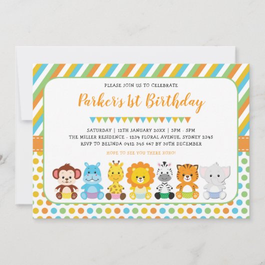 Schattige Oerwoud Babydieren Safari 1e verjaardags Kaart (Voorkant)