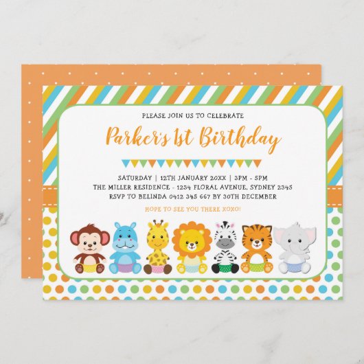 Schattige Oerwoud Babydieren Safari 1e verjaardags Kaart (Voorkant / Achterkant)