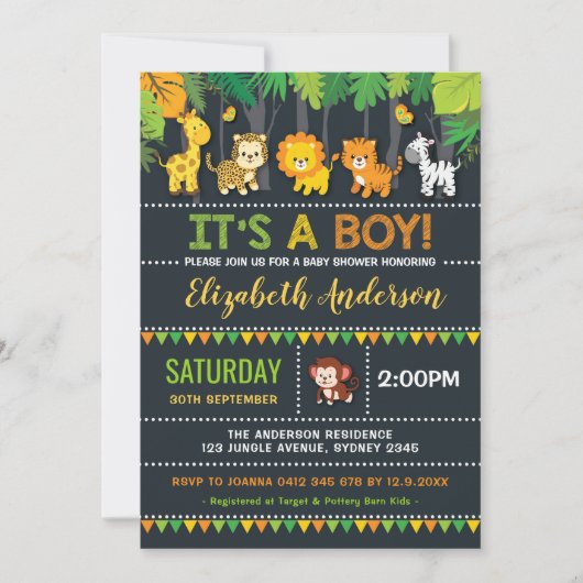 Schattige Oerwoud Boy Baby shower Safari Animals P Kaart (Voorkant)