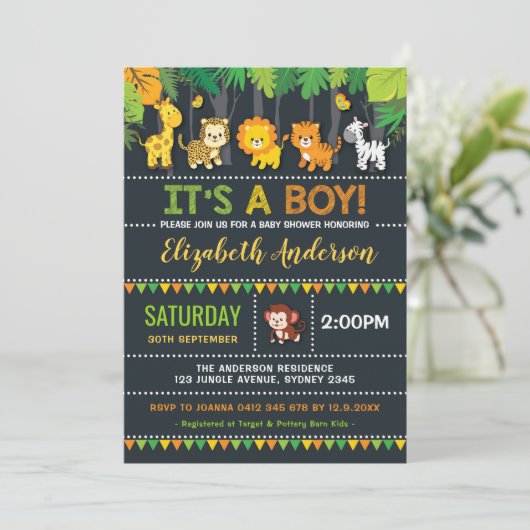 Schattige Oerwoud Boy Baby shower Safari Animals P Kaart (Staand voorkant)