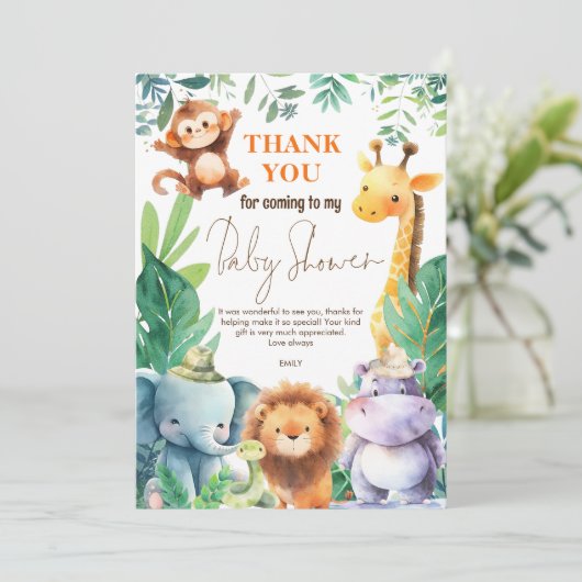 Schattige Oerwoud Dieren Baby shower Dank u Kaart (Staand voorkant)