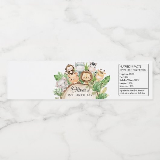Schattige Oerwoud Dieren Groen 1e Verjaardag Waterfles Etiket (Enkel label)