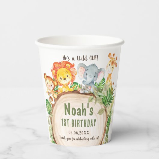 Schattige Oerwoud Dieren Groen 1e Verjaardag Wild  Papieren Bekers (Achterkant)