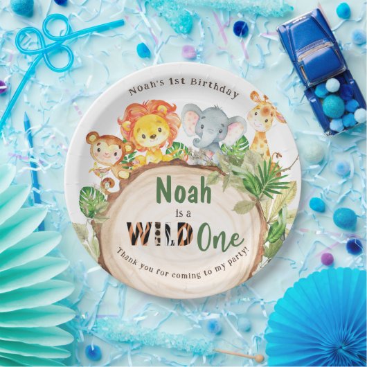 Schattige Oerwoud Dieren Groen 1e Verjaardag Wild Papieren Bordje (Feest)