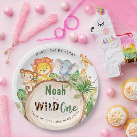 Schattige Oerwoud Dieren Groen 1e Verjaardag Wild  Papieren Bordje (Feest)