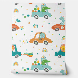 Schattige Oerwoud Dieren in Auto's met regenbogen Behang