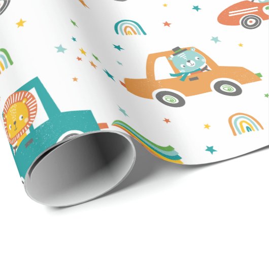 Schattige Oerwoud Dieren in Auto's met regenbogen Cadeaupapier (Rol Hoek)