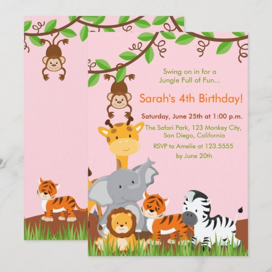 Schattige Oerwoud Dieren Meisje Verjaardagsfeestui Kaart (Voorkant / Achterkant)