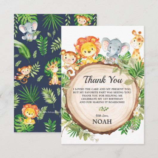 Schattige Oerwoud Dieren Safari 1e Verjaardagsfees Bedankkaart (Voorkant / Achterkant)