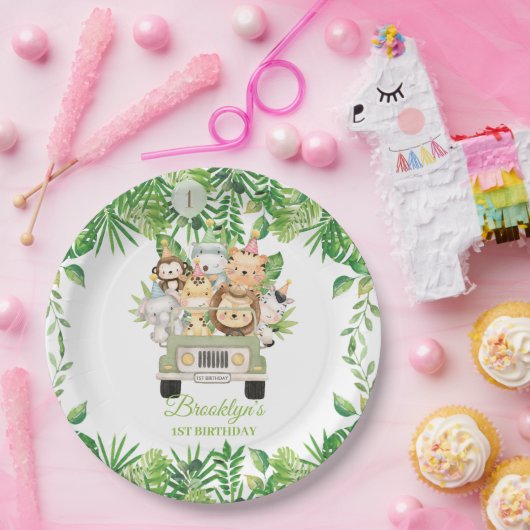 Schattige Oerwoud Dieren Safari Avontuur Auto Verj Papieren Bordje (Feest)