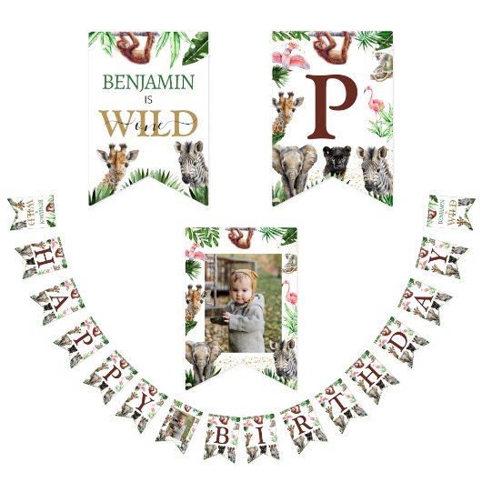 Schattige Oerwoud Dieren Safari Verjaardag Vlaggetjes