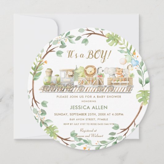 Schattige Oerwoud Dieren Train Greenery Baby showe Kaart (Voorkant)